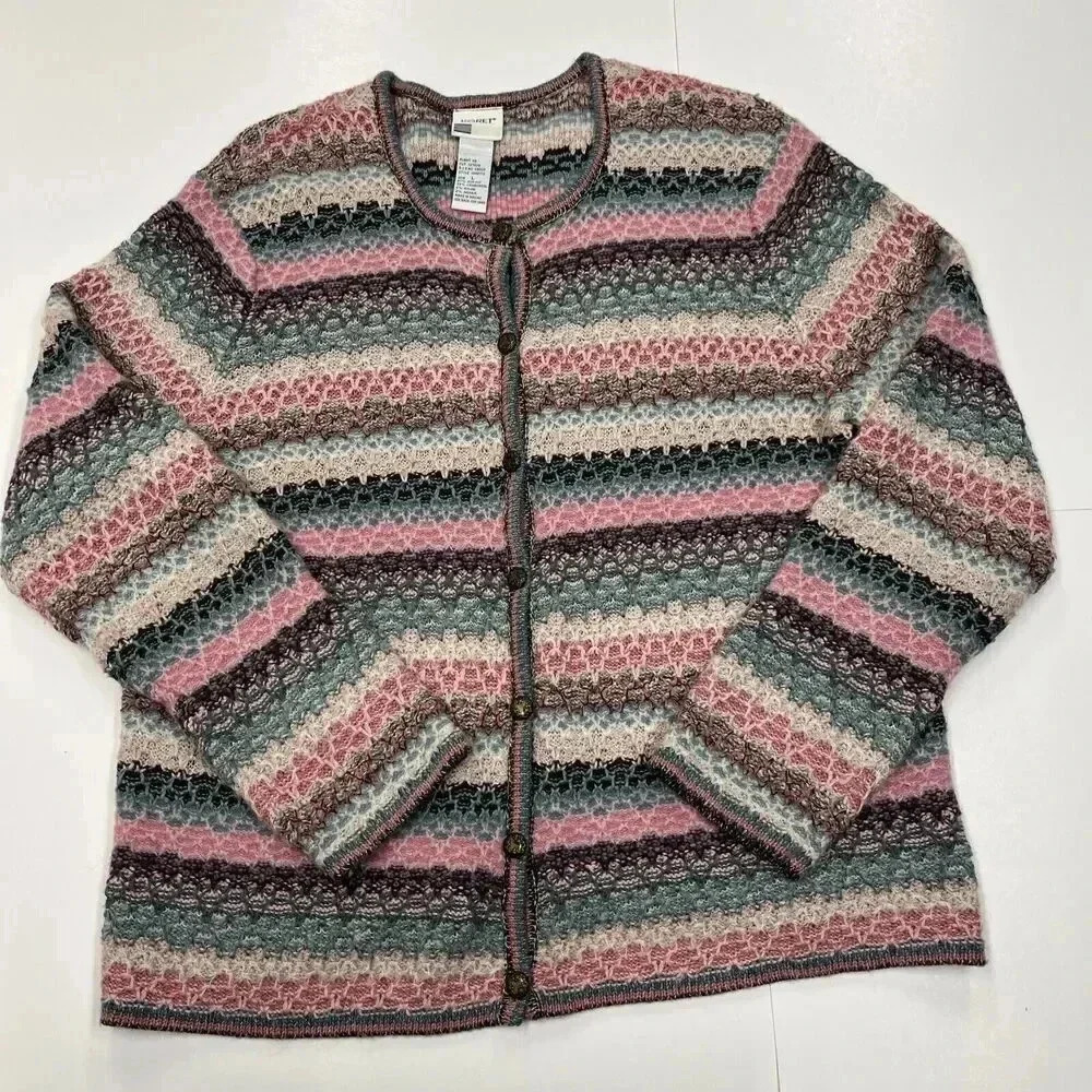 vtg KORET Boho Wool Mohair Cardigan Sweater Sz L Button Up Multicolor